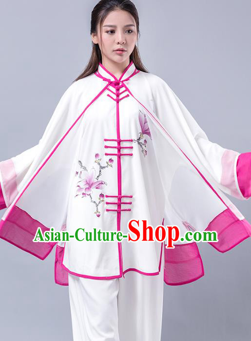 Top Grade Chinese Kung Fu Costume Martial Arts Printing Magnolia Rosy Uniform, China Tai Ji Wushu Plated Buttons Clothing for Women