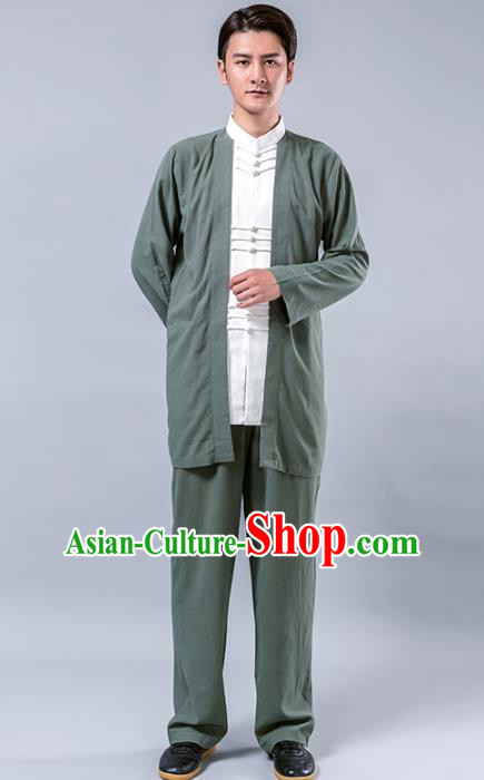 Top Grade Chinese Kung Fu Costume Tai Ji Training Green Linen Uniform, China Martial Arts Tang Suit Gongfu Clothing for Men