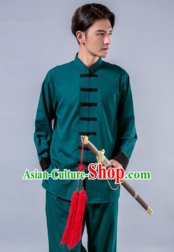 Top Grade Chinese Kung Fu Costume Tai Ji Training Green Uniform, China Martial Arts Tang Suit Gongfu Clothing for Men