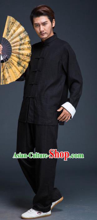 Top Grade Chinese Kung Fu Costume Tai Ji Training Black Uniform, China Martial Arts Gongfu Clothing for Men