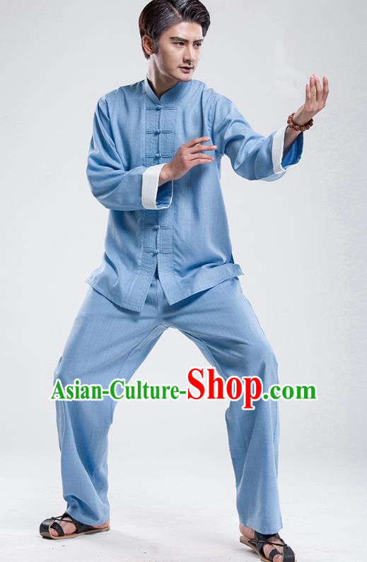 Top Grade Chinese Kung Fu Costume Tai Ji Training Blue Uniform, China Martial Arts Gongfu Clothing for Men