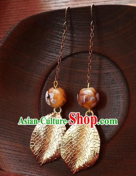 Traditional Handmade Chinese Ancient Princess Hanfu Golden Leaf Eardrop Classical Earrings for Women
