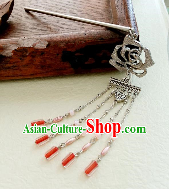 Traditional Handmade Chinese Ancient Classical Hair Accessories Rose Tassel Hairpins Headwear for Women