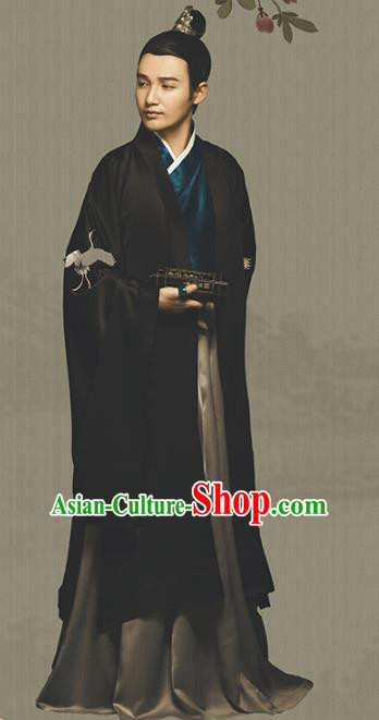 Traditional Chinese Ancient Han Dynasty Emperor Embroidered Hanfu Clothing and Handmade Headpiece Complete Set
