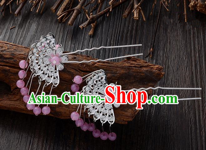 Handmade Asian Chinese Classical Hair Accessories Ancient Pink Beads Tassel Hairpins Headwear for Women