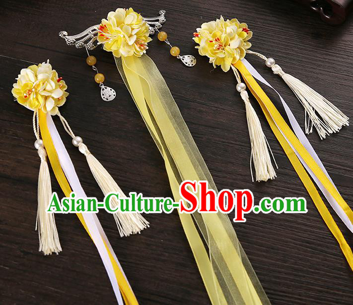 Handmade Asian Chinese Classical Hair Accessories Ancient Yellow Silk Flower Hairpins Headwear for Women