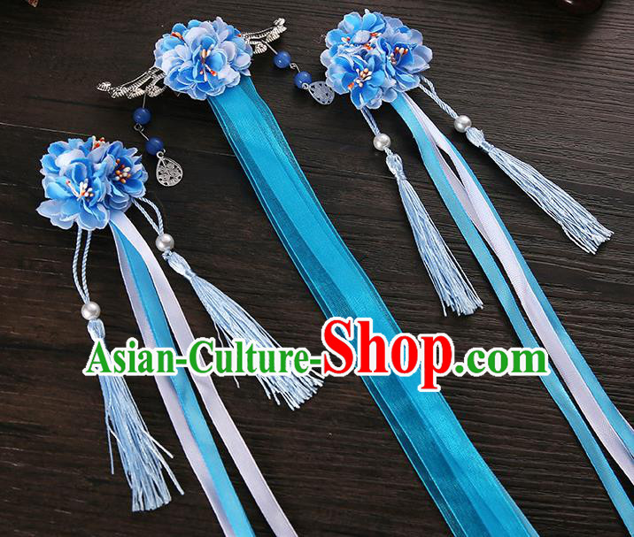 Handmade Asian Chinese Classical Hair Accessories Ancient Blue Silk Flower Hairpins Headwear for Women