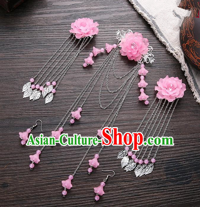 Handmade Asian Chinese Classical Hair Accessories Ancient Pink Flower Hair Stick Hairpins for Women