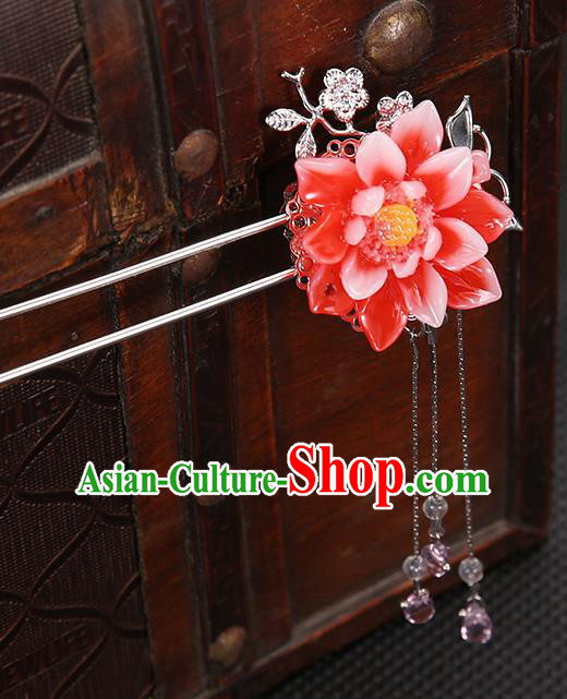 Handmade Asian Chinese Classical Hair Accessories Red Flower Hair Clip Ancient Hanfu Hairpins for Women