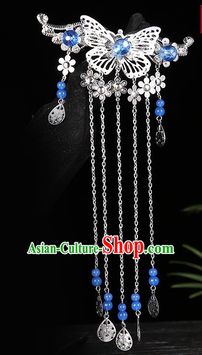 Handmade Asian Chinese Classical Hair Accessories Deep Blue Beads Tassel Hairpins Hanfu Hair Stick for Women