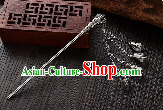Handmade Asian Chinese Classical Hair Accessories Grey Crystal Beads Tassel Hairpins Hanfu Step Shake for Women