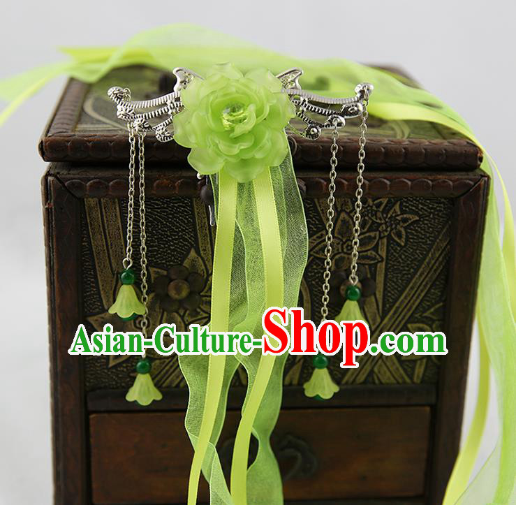 Asian Chinese Handmade Palace Lady Classical Hair Accessories Green Silk Ribbon Hairpins Headwear for Women