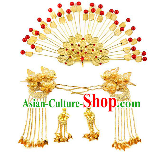 Asian Chinese Handmade Palace Lady Classical Hair Accessories Golden Phoenix Coronet Hairpins Headwear for Women