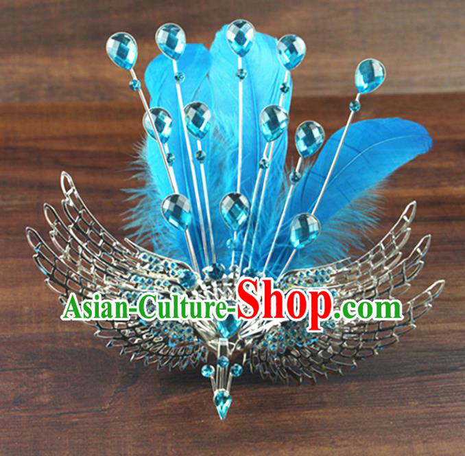 Asian Chinese Handmade Palace Lady Classical Hair Accessories Blue Phoenix Coronet Hairpins for Women