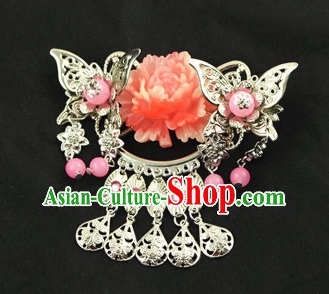 Asian Chinese Handmade Palace Lady Classical Hair Accessories Red Peony Hairpins for Women