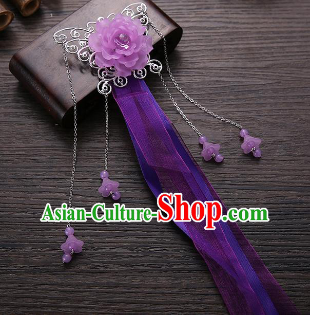 Handmade Asian Chinese Classical Hair Accessories Purple Ribbon Butterfly Hairpins Hanfu Hair Stick for Women