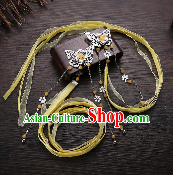 Handmade Asian Chinese Classical Hair Accessories Yellow Silk Ribbon Butterfly Hairpins Hanfu Hair Claw for Women
