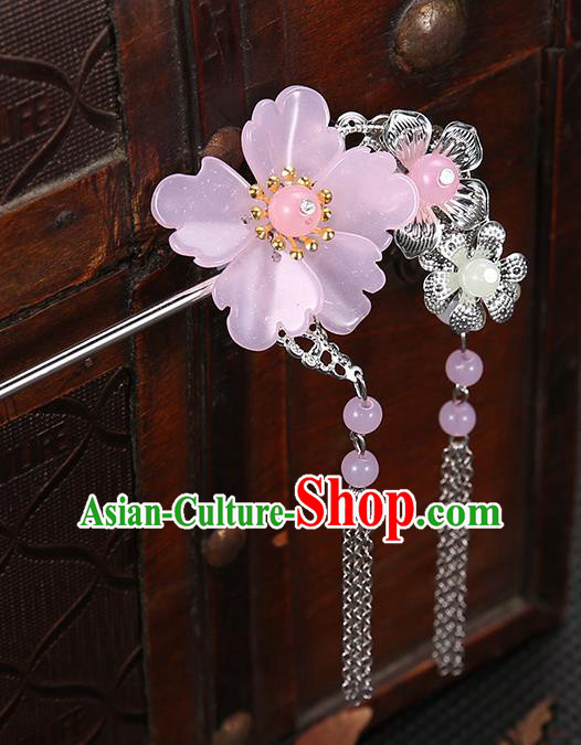 Handmade Asian Chinese Classical Hair Accessories Pink Flower Hairpins Hanfu Tassel Step Shake for Women
