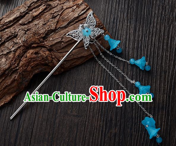Handmade Asian Chinese Classical Hair Accessories Butterfly Hairpins Hanfu Blue Tassel Step Shake for Women