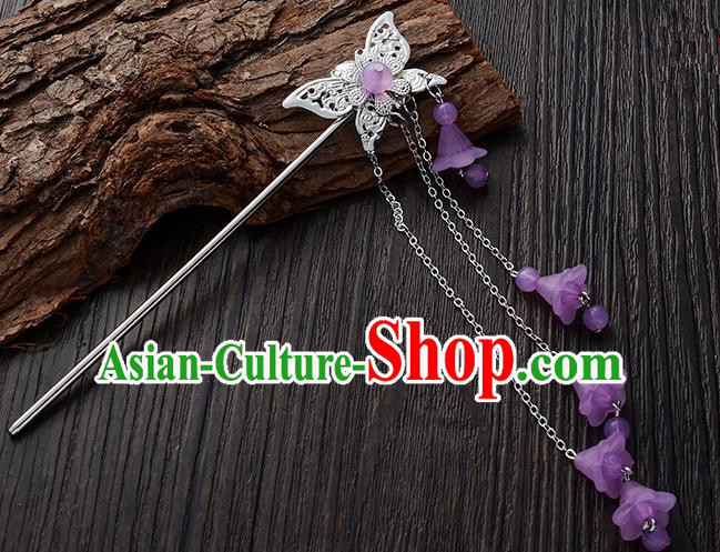 Handmade Asian Chinese Classical Hair Accessories Butterfly Hairpins Hanfu Purple Tassel Step Shake for Women