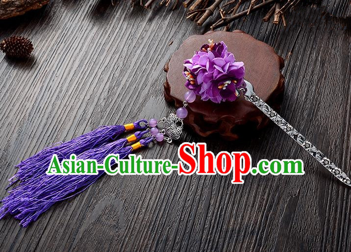 Handmade Asian Chinese Classical Hair Accessories Hairpins Hanfu Purple Flower Tassel Hair Stick for Women