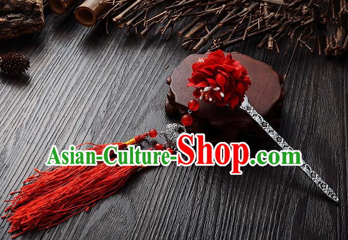 Handmade Asian Chinese Classical Hair Accessories Hairpins Hanfu Red Flower Tassel Hair Stick for Women
