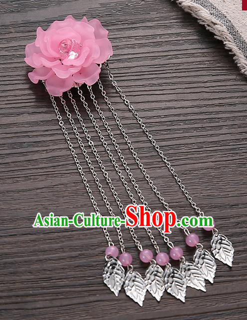 Asian Chinese Handmade Classical Hair Accessories Pink Flower Hairpins Hanfu Tassel Hair Claw for Women