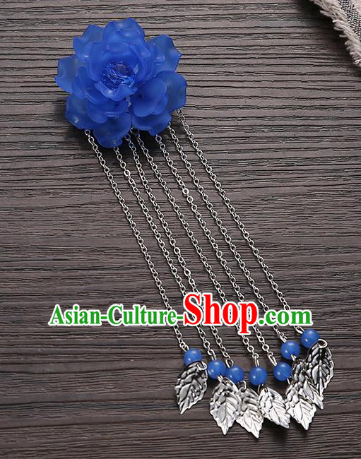 Asian Chinese Handmade Classical Hair Accessories Deep Blue Flower Hairpins Hanfu Tassel Hair Claw for Women