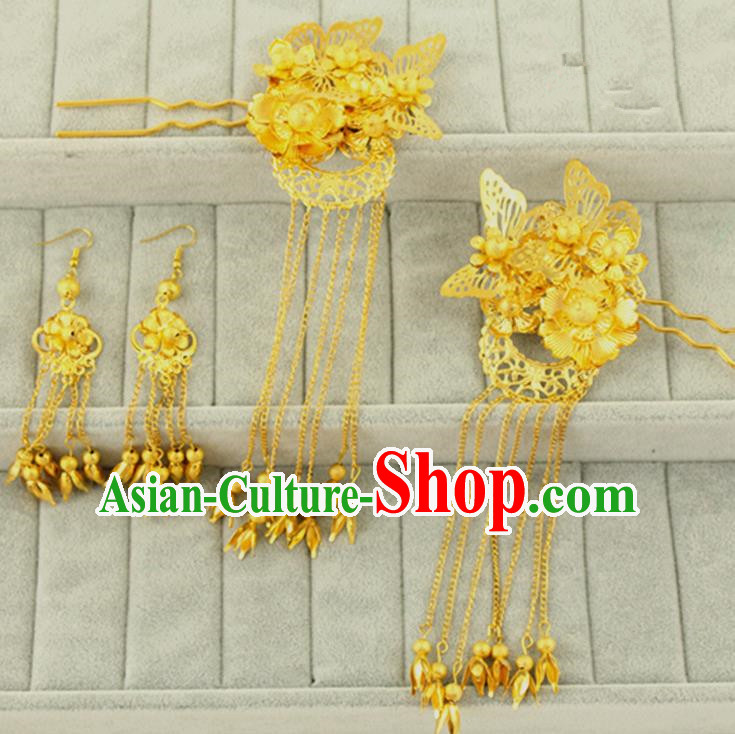 Asian Chinese Handmade Classical Hair Accessories Bride Hanfu Golden Hairpins and Earrings for Women