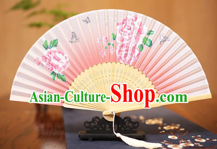 Traditional Chinese Crafts Printing Peony Pink Folding Fan, China Sensu Paper Fans for Women