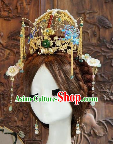 Asian Chinese Ancient Handmade Classical Hair Accessories Hairpins Blueing Phoenix Coronet Xiuhe Suit Headdress for Women