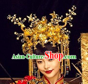 Chinese Handmade Classical Luxurious Hairpins Hair Accessories Ancient Bride Golden Phoenix Coronet for Women