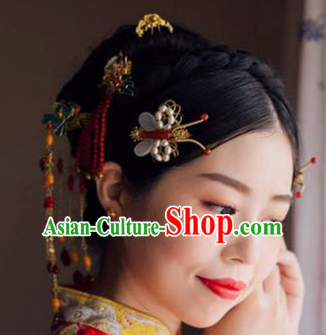 Chinese Ancient Handmade Classical Wedding Hair Accessories Xiuhe Suit Hairpins Bride Headdress for Women
