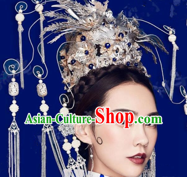Asian Chinese Handmade Classical Hair Accessories Tassel Phoenix Coronet Bride Hanfu Hairpins Headwear for Women