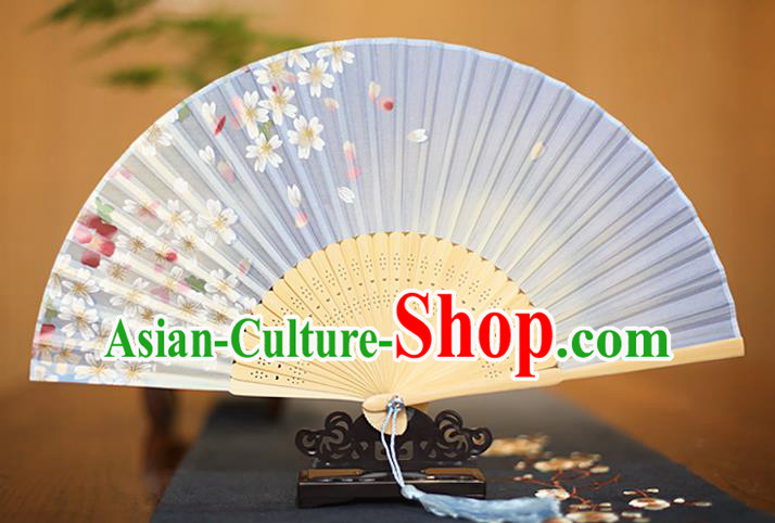 Traditional Chinese Crafts Printing Flowers Blue Folding Fan, China Sensu Paper Fans for Women