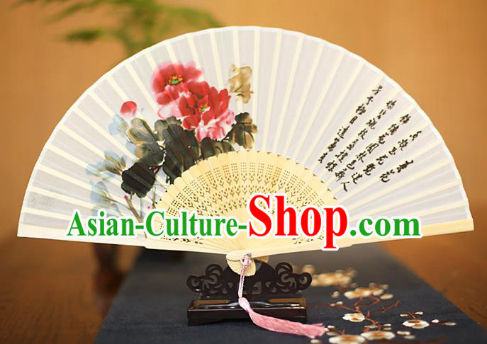 Traditional Chinese Crafts Printing Epiphyllum White Folding Fan, China Sensu Paper Fans for Women