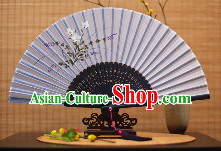 Traditional Chinese Crafts Printing Orchid Blue Folding Fan, China Sensu Paper Fans for Women