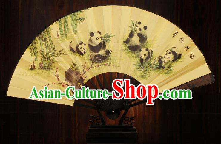 Traditional Chinese Crafts Printing Panda Folding Fan, China Sculpture Framework Silk Fans for Men