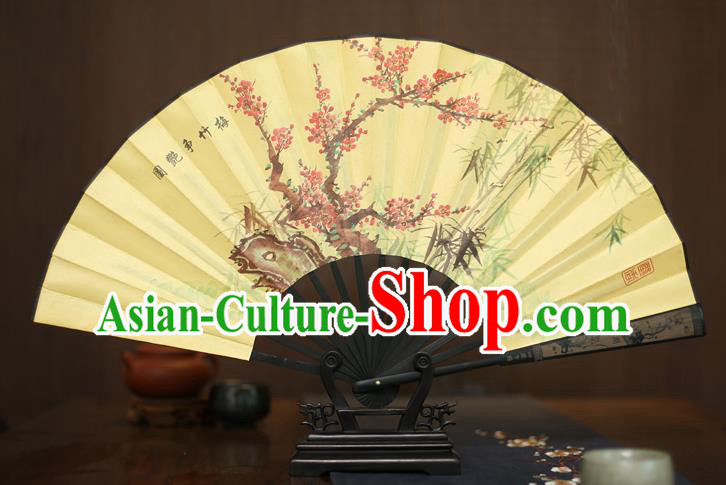 Traditional Chinese Crafts Printing Plum and Bamboo Folding Fan, China Sculpture Framework Silk Fans for Men
