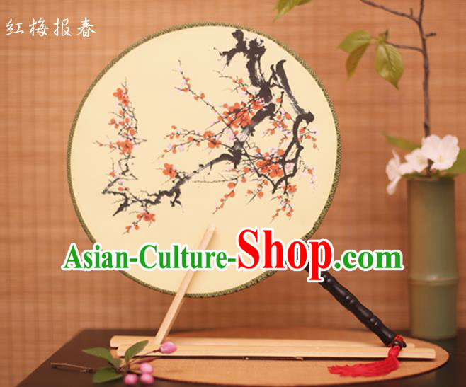 Traditional Chinese Crafts Printing Red Plum White Round Fan, China Palace Fans Princess Silk Circular Fans for Women
