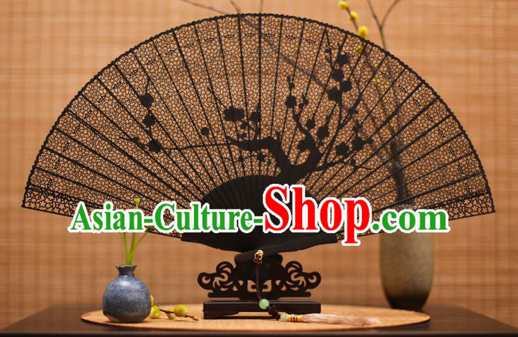 Traditional Chinese Crafts Ebony Folding Fan Carving Wintersweet Sandalwood Fans for Women
