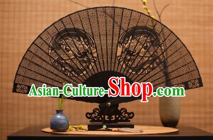 Traditional Chinese Crafts Ebony Folding Fan Carving Dragons Sandalwood Fans for Women