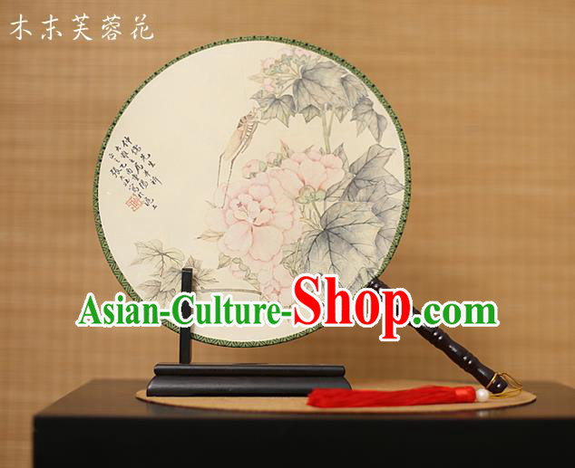 Traditional Chinese Crafts Printing Hibiscus Round Fan, China Palace Fans Princess Silk Circular Fans for Women