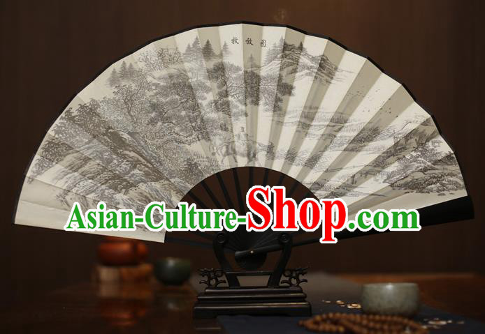 Traditional Chinese Crafts Printing Forest White Folding Fan, China Sculpture Framework Silk Fans for Men