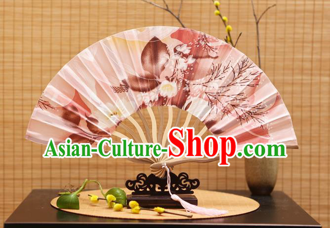 Traditional Chinese Crafts Printing Pink Silk Folding Fan Sensu Fans for Women