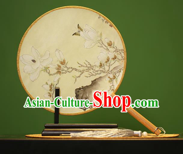 Traditional Chinese Crafts Painting Magnolia Rosewood Round Fan, China Palace Fans Princess Silk Circular Fans for Women