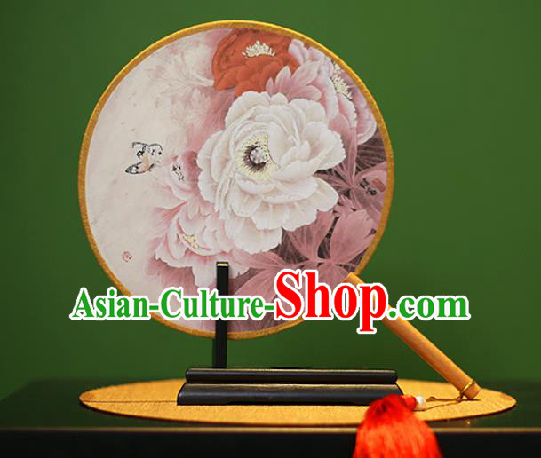 Traditional Chinese Crafts Painting Peony Rosewood Round Fan, China Palace Fans Princess Silk Circular Fans for Women