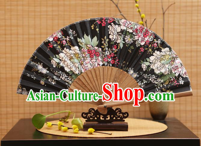 Traditional Chinese Crafts Folding Fans Printing Flowers Black Silk Fan for Women