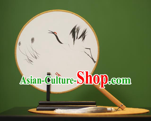 Traditional Chinese Crafts Ink Painting Crane Rosewood Round Fan, China Palace Fans Princess Silk Circular Fans for Women