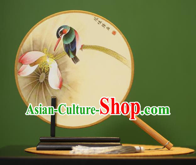 Traditional Chinese Crafts Painting Bird Lotus Round Fan, China Palace Fans Princess Silk Circular Fans for Women